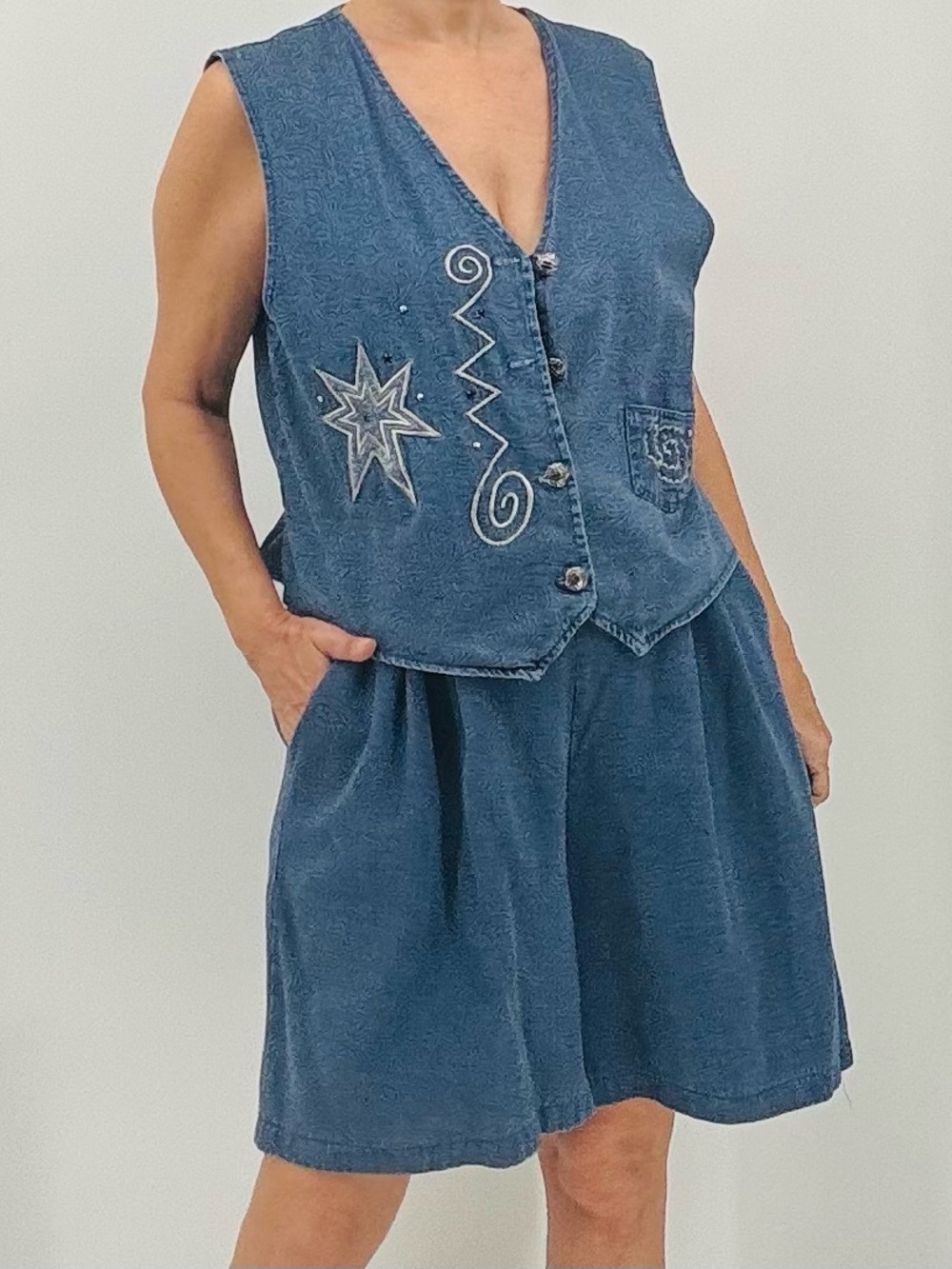 Vintage 90s Streetwear Hip Hop Urban Skater Grunge Denim Embellished Shorts Set